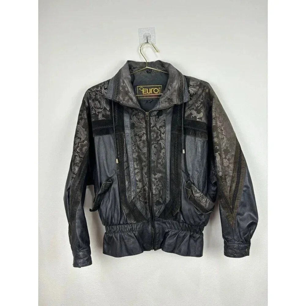 Vintage Euro Mond of California Cinch Waist Leather Jacket Floral Embossed L
